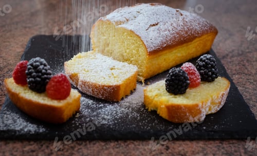 Preview: Close-up on the homemade plumcake on a black stone cutting board while being dusted with icing sugar