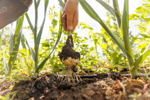 Preview: Crop man hand harvesting onion on sunny day