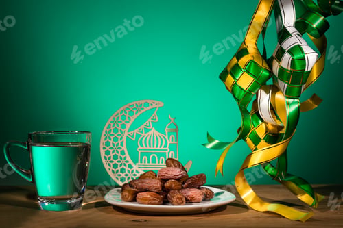 Preview: Muslim iftar of breaking of fast during Ramadan month with preserved sweet dates and water. Ketupat