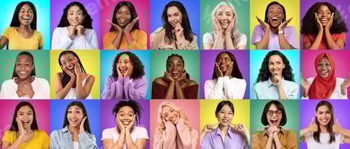 Creative Collage With Diverse Females Expressing Different Emotions Over Colorful Backgrounds