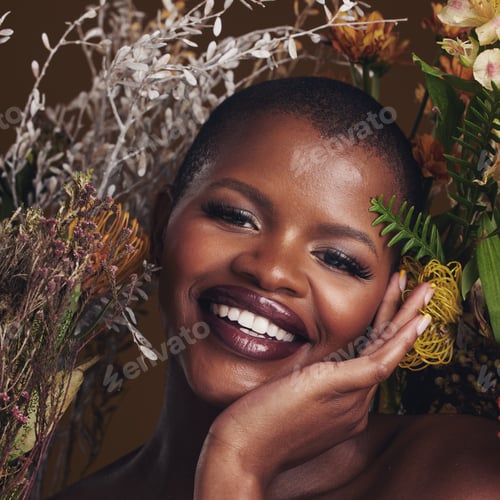 Preview: African woman, plants and makeup in studio portrait with beauty, wellness and natural glow by brown