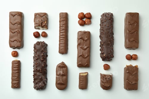 Preview: Different tasty candy bars on white background