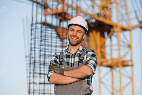 Preview: Happy worker is standing on the construction site at daytime