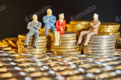 Preview: The coins are stacked on top of each other with the figures of business people sitting on them