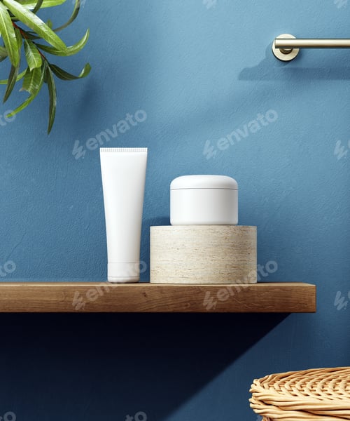 Preview: Cosmetic product display bathroom interior background. 3d illustration