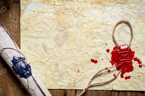 Preview: Old paper and scroll with the envelope symbol in sealing wax