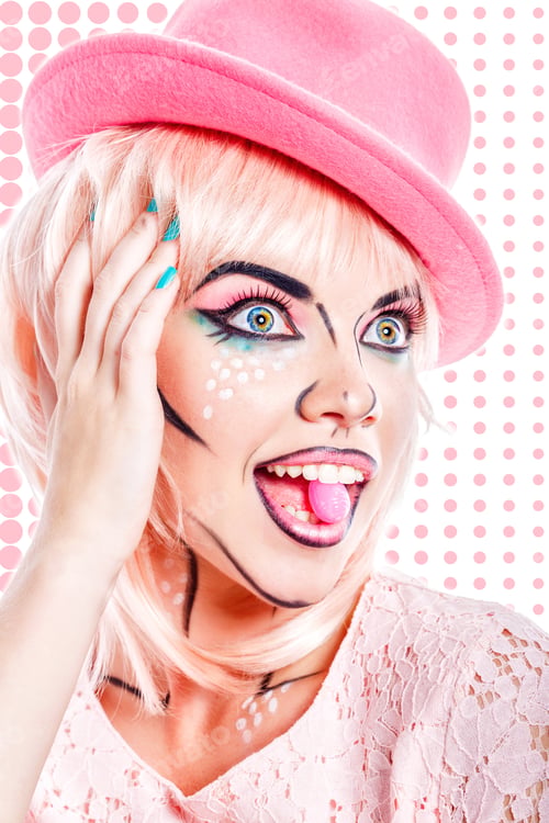 Preview: Attractive Girl With Makeup In The Style Of Pop Art. The Girl In The Pink Hat. Pink Hair. Girl