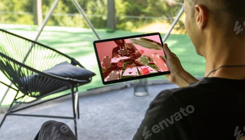 Preview: Man watching football online broadcast on his laptop and celebrate victory in betting at bookmaker's