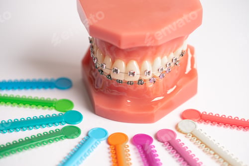 Preview: Orthodontic ligatures rings and ties, elastic rubber bands on orthodontic braces.