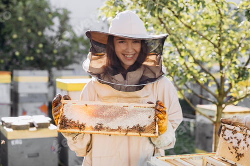 Preview: Happy female Beekeeper in uniform standing in apiary and holding honeybee frame