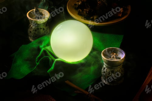 Preview: Crystal ball to guess the future, on a divination table.
