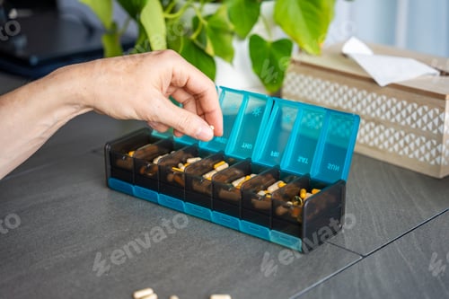 Preview: Close up view of Man hand sorting his pills and supplements into a weekly pill organizer
