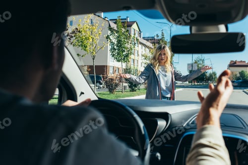 Preview: young woman quarreling with car driver while crossing road