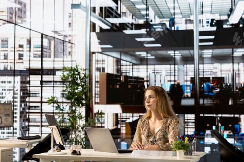 Preview: Confident businesswoman working at an office desk in corporation