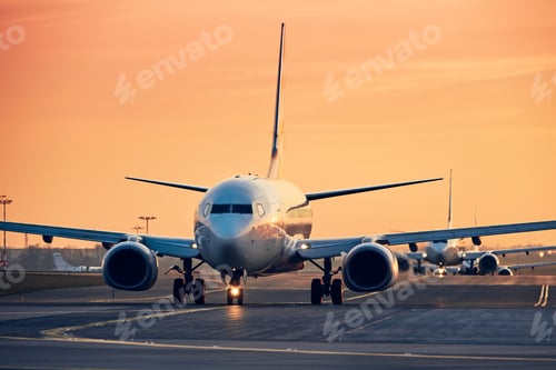 Preview: Airplanes in row taxiing to runway for take off. Traffic at busy airpot at sunset.