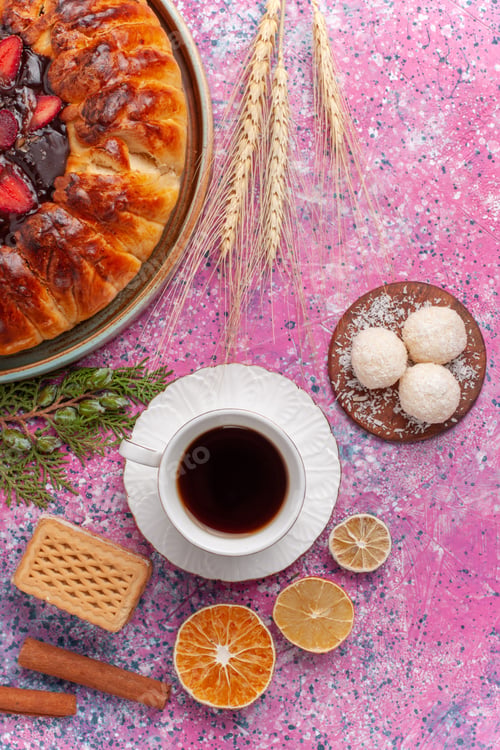 Preview: top view yummy strawberry pie with cup of tea on light pink background cake sweet biscuit cookies