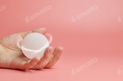 Preview: Crystal ball in hand, copy space. Magic solution or new idea concept. Creative minimal innovations.