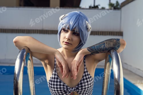 Preview: European female with blue hair at a swimming pool