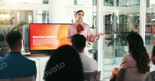 Preview: Presentation, marketing conference and woman in office for tradeshow, convention and seminar. Publi