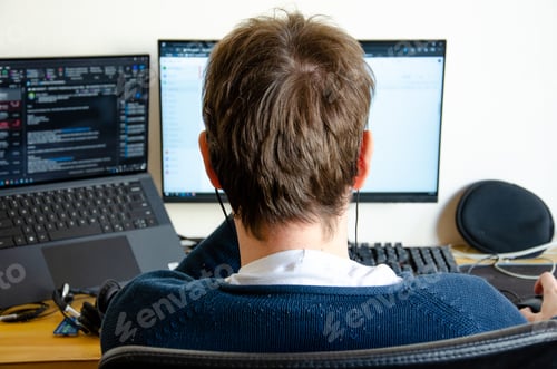 Preview: a man working on computer monitor seen from back