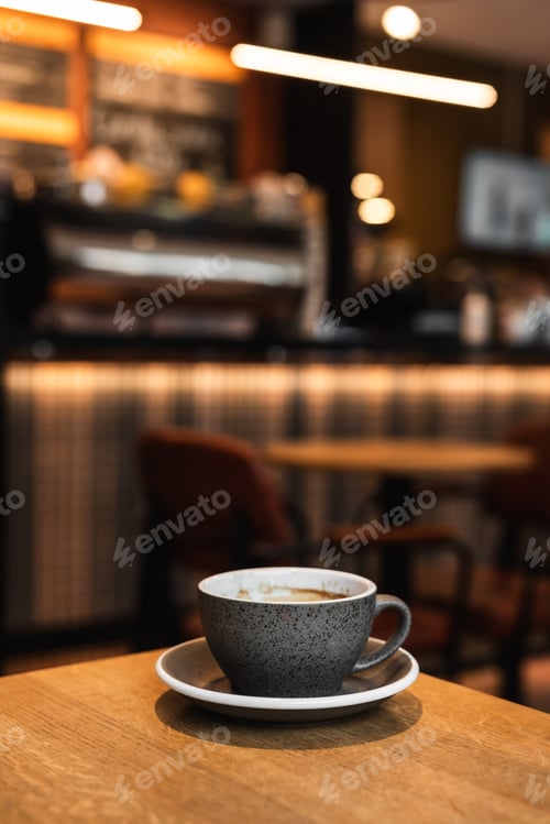 Preview: Cup of black coffee on the edge of a wooden table in a cafe coffee-shop with copy space