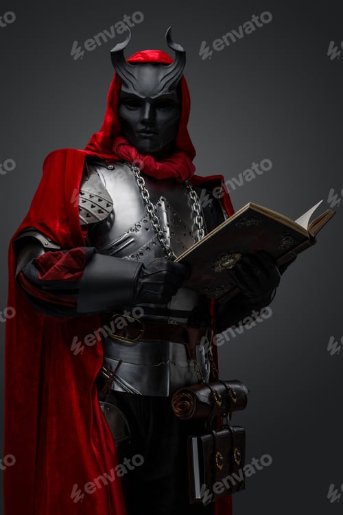 Preview: Mystic priest of dark cult with red robe and book
