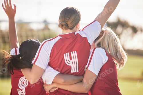 Preview: Female football team celebrating winning, goal or teamwork effort at a game, tournament or during p