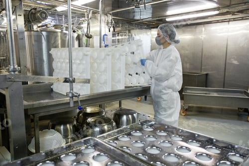 Preview: Young Female Worker Wearing Mask at Food Factory