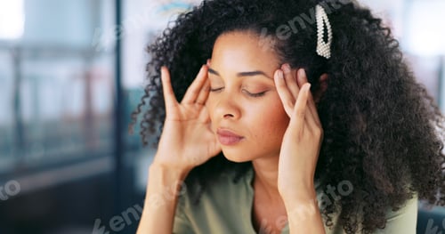 Preview: Burnout, headache and stress massage of black woman worker in office with fatigue from deadline. Ov