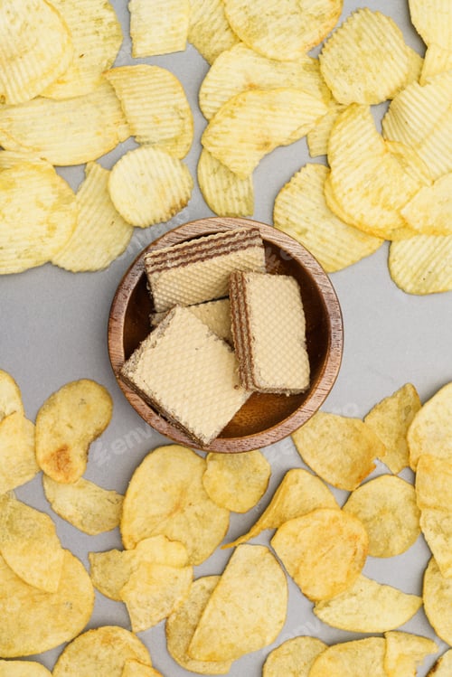 Preview: Flat lay of snack, Wafers in wooden bowl placed in center of crispy potato chips on gray background