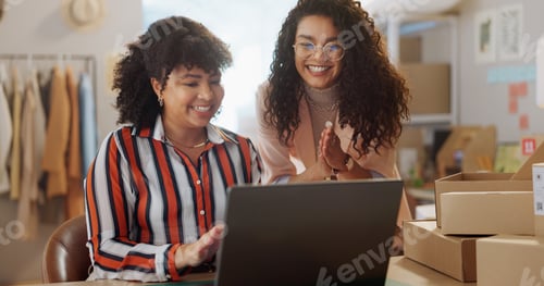 Preview: Teamwork, happy and women with laptop for fashion designer, supply chain and ecommerce startup. Sma