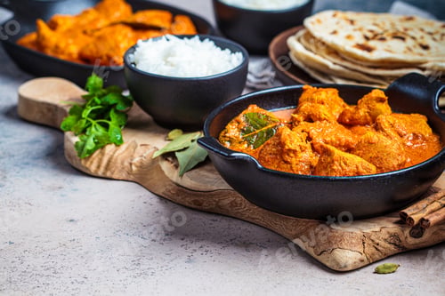 Preview: Chicken curry with rice and chapati bread, dark background, copy space. Indian cuisine concept.