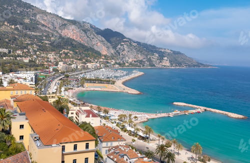 Preview: Scenic panoramic view of Menton seashore promenade and historic city in French Riviera Cote D azur