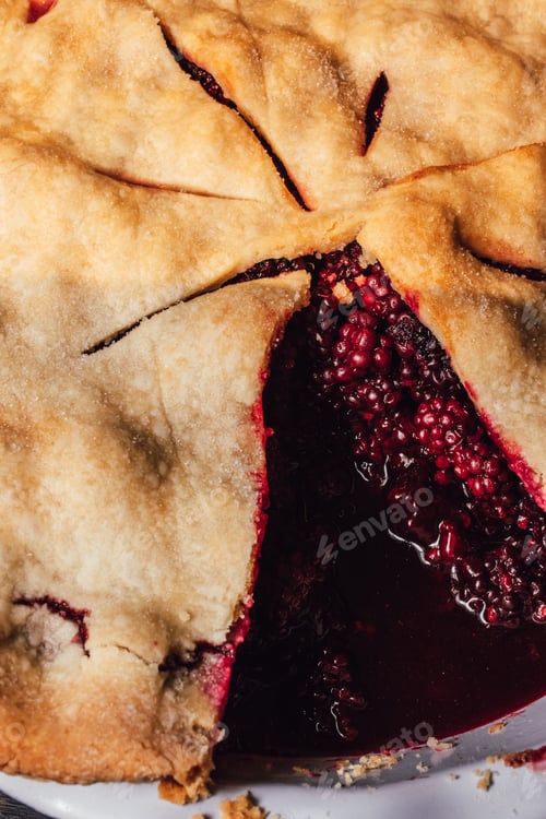 Preview: Blackberry pie with a slice missing inside