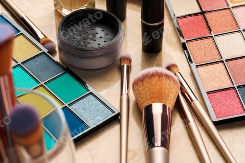 Preview: Decorative cosmetics and tools on dressing table in makeup room