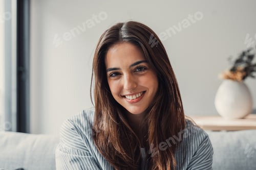 Preview: Smiling Young Woman Portrait in Bright Home Interior