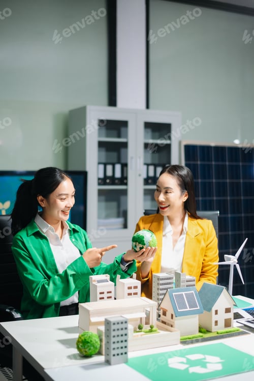 Preview: Businesswomen presenting ESG and sustainability strategy with renewable energy, green city model,