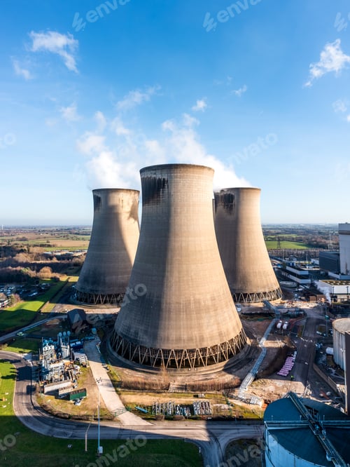 Preview: Vertical aerial view of cooling towers at a nuclear power plant