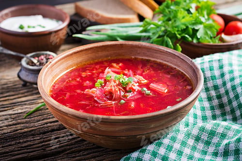 Preview: Traditional Ukrainian Russian borscht or red soup in the bowl.