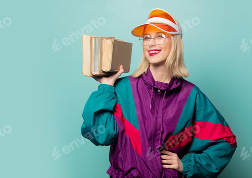 Preview: Style blonde woman in 90s sport suit with books
