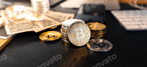 Preview: Bitcoin coins and money on the business desk