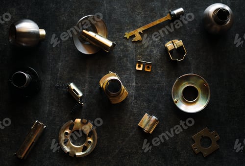 Preview: The parts of the door lock on the black floor