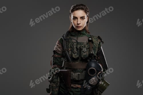 Preview: Portrait of a woman in military attire against a gray background