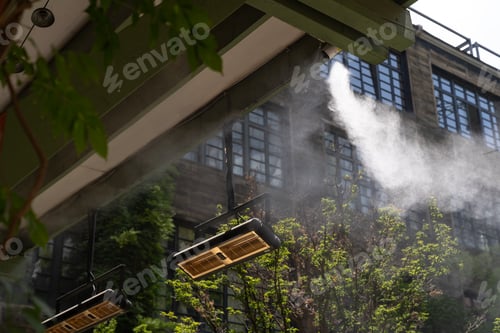 Preview: Prevention of overheating or heatstroke. Air conditioning and water spray system for cooling and fog