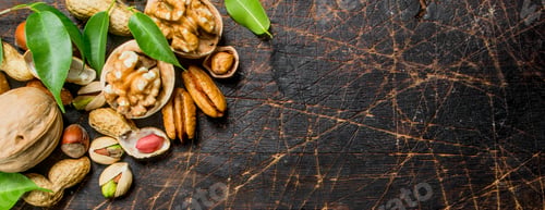 Preview: Nuts background. Assortment of different nuts with green leaves .