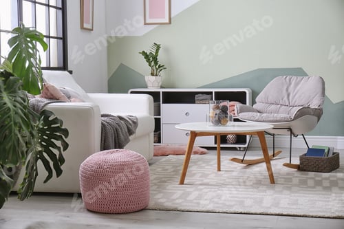 Preview: Stylish living room interior with comfortable sofa and rocking chair