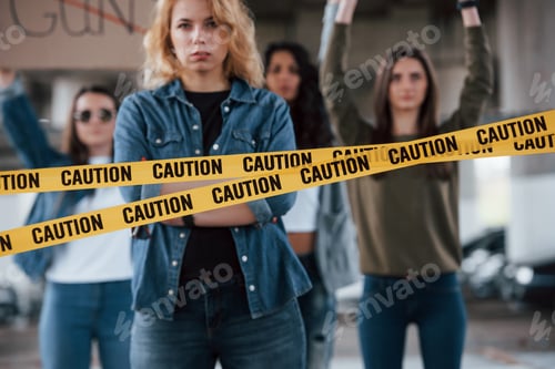 Preview: Four friends. Group of feminist women have protest for their rights outdoors