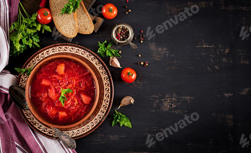 Preview: Traditional Ukrainian Russian borscht or red soup on the bowl. Top view