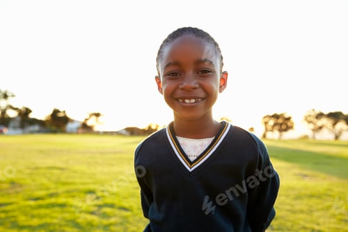 Preview: Portrait of African elementary school girl smiling in a park