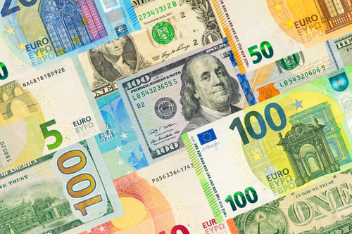 Preview: Euro and USD banknotes creative layout. Background of European banknotes and United States banknotes